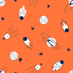 Seamless orange background with stars, planets, and meteorites. Simple background with space for kids. Design of children's goods. Flat vector illustration.