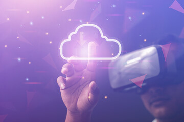 Fototapeta premium cloud technology concept Businessmen use virtual reality VR glasses of the metaverse virtual world to visualize Virtual industrial business network and online network development ,VR technology ,Onlin