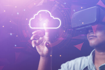 cloud technology concept Businessmen use virtual reality VR glasses of the metaverse virtual world to visualize Virtual industrial business network and online network development ,VR technology ,Onlin