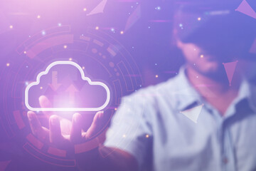 cloud technology concept Businessmen use virtual reality VR glasses of the metaverse virtual world to visualize Virtual industrial business network and online network development ,VR technology ,Onlin