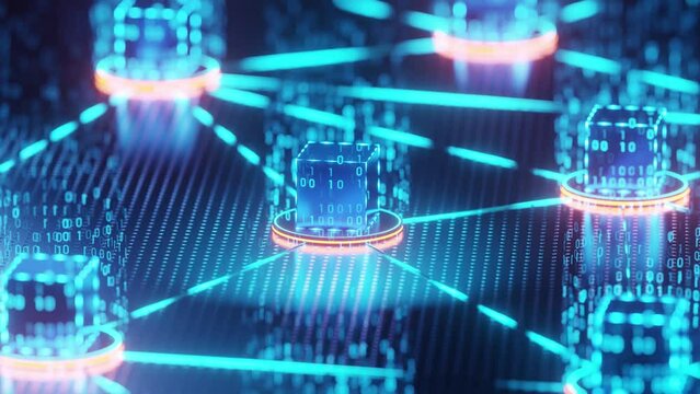 The blockchain boxes are linked together to encrypt the cryptocurrency. Depth-of-field camera and revolve around the box.
