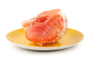 peeled pomelo pieces isolated on white background. Tasty fresh fruit eating concept