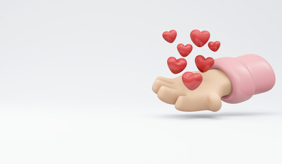 3D Rendering of hand with heart shape on and copy space isolated on white background concept of valentine's day love expression and donation. 3D render illustration cartoon style.