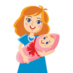 A young woman with a baby in her arms. The concept of mother and child.