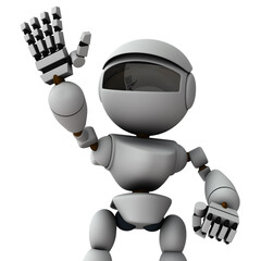 右手を挙手する白いロボット。注意喚起をし、目立とうと試みる。賛成意思と意見を述べる人工知能。 - obrazy, fototapety, plakaty