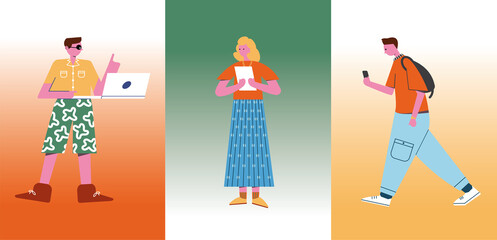 Cheerful young people. Set of Characters of men and women. Vector in flat style