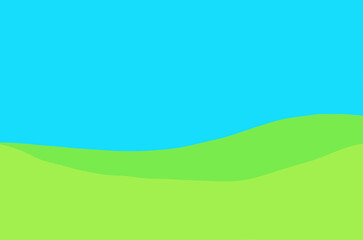 Obraz premium Simple green field, minimalism. Spring green field and blue sky. Simplified background of a summer landscape with the image of hills and sky.background with field and sky with copy space for your text