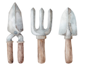 Garden tools hand drawn watercolor illustration, set of garden items, garden equipment.