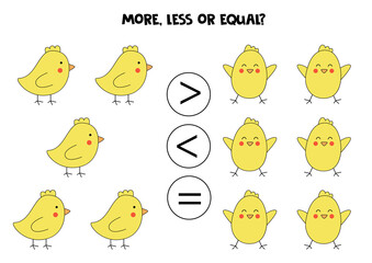 More, less, equal with cute Easter birds.