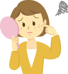 イラスト素材：肌トラブル　若い女性が「ニキビ」「吹き出物」の炎症に悩む姿
