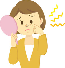 イラスト素材：肌トラブル　若い女性が「毛穴の黒ずみ」に悩む姿
