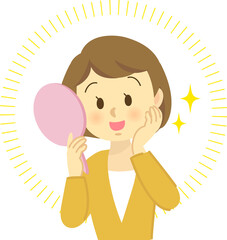 イラスト素材：肌トラブル　若い女性が肌トラブルが改善された姿を鏡で見て喜ぶ姿　上半身
