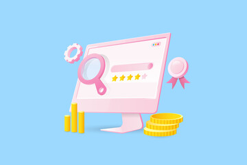 3d illustration - Search engine marketing, seo, internet user rating, review stars, web content with blue background.