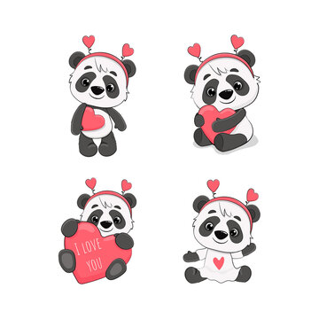 Set of Cute Cartoon Pandas isolated on a white background.Valentine's day card.