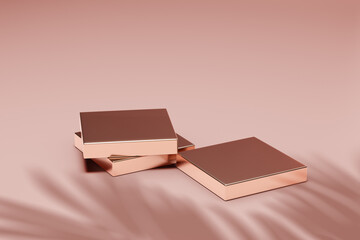 Minimal abstract pink pastel background with palm leaf shadow and rose gold metallic podium for cosmetics in luxury studio scene. Modern showroom interior 3d rendering image for product display.