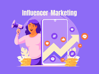 Influencer marketing concept with woman holding megaphone