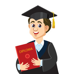 A happy college graduate in a robe with a red diploma in his hands.