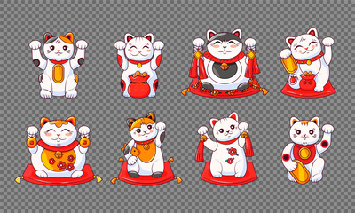 Japanese cats Maneki Neko with raised paws on red pillows. Symbol of luck and wealth. Vector cartoon illustration on a transparent background