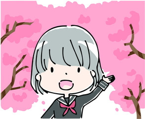 桜の木の下で笑顔で手をあげるセーラー服の女子学生