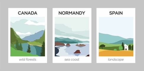 Set of decorative art print with abstract modern colored landscapes. Collection of backgrounds of nature, coast, forest, sea of different seasons for covers, cards, decor. Vector illustration