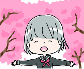 桜の木の下で、笑顔で両手を広げるセーラー服の女子学生
