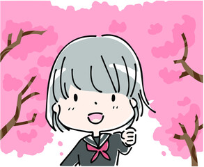 桜の木の下のセーラー服を着た笑顔の女子学生