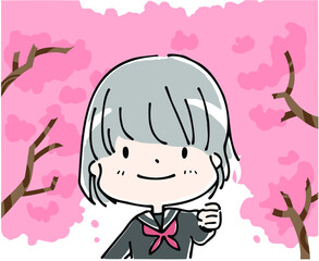 桜の木の下のセーラー服を着た笑顔の女子学生