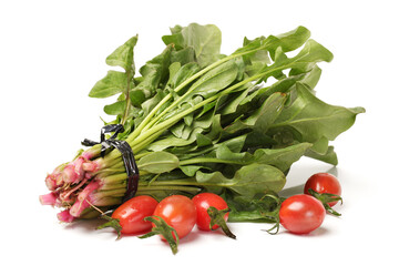 fresh spinach and cherry tomatoes  isolated on white