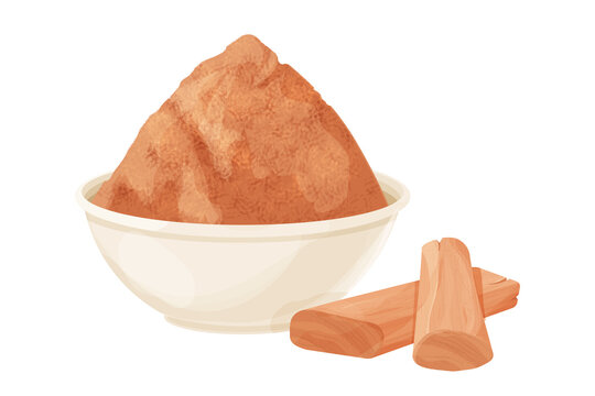 Sandalwood, chandan pieces and powder in bowl ingredient in cartoon style isolated on white background. Dried wood, medical material.
