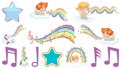 Set of fantasy fairies and cupids with rainbow elements