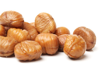 chinese food, peeled roasted chestnut on white background
