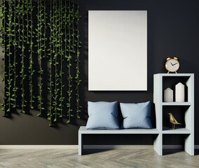 Empty vertical frame on a black wall. Template for pictures and lettering. Two pillows and decorative liana. 3D rendering.
