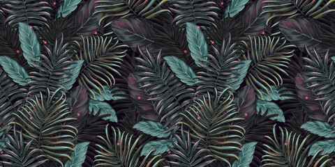 Seamless pattern with tropical leaves. Hand drawing 3d wallpaper.