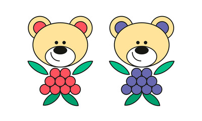 Set with Cute berry Teddy bears red and blue.Vector illustration.