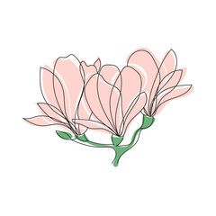 Cute outline drawing of blooming magnolia twig.Vector aesthetic contour illustration