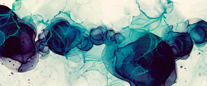 Monochrome Abstract Alcohol Ink Background With Watercolour Deep Blue  Fluid Elements, Creative Hand Painted Art, Free White Ccopy Space, Wallpaper For Print	
