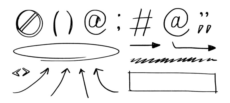 Set of punctuation marks. Prohibition sign, brackets, quotation marks. Pointer symbols. Arrows, ellipse and rectangle. Lettering doodle elements isolated on white background.