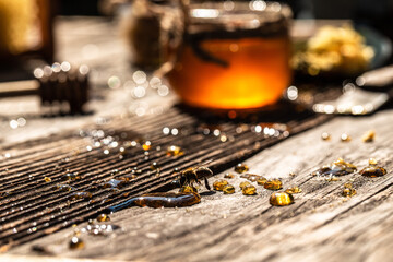 Close up. working bees on honey cells. Bees produce fresh, healthy, honey. Honey background. Beekeeping concept. Long banner format