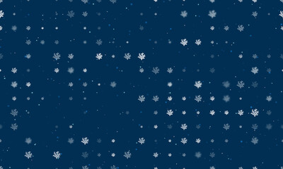 Seamless background pattern of evenly spaced white coral symbols of different sizes and opacity. Vector illustration on dark blue background with stars