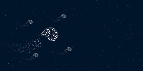 Fototapeta na wymiar A marine nautilus symbol filled with dots flies through the stars leaving a trail behind. There are four small symbols around. Vector illustration on dark blue background with stars