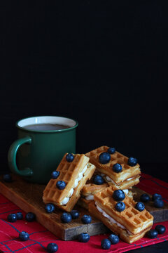 Double Waffles With Stuffing, Blueberry Berries And A Mug