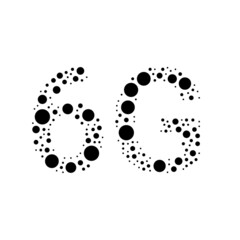 A large 6G symbol in the center made in pointillism style. The center symbol is filled with black circles of various sizes. Vector illustration on white background