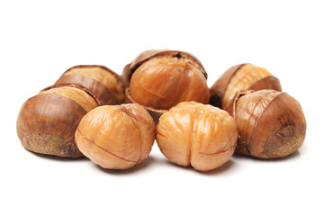 chinese food, peeled roasted chestnut on white background 