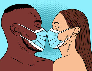 Color vector illustration in pop art style. An African American man and a white woman look at each other. Conceptual poster against covid. Guy and girl in protective masks.
