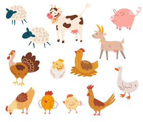 Farm animals. Chickens, rooster, pig, cow, goat, sheep, goose and turkey. Vector cartoon illustration isolated on the white background.
