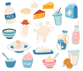 Dairy products. Milk, cream, butter, cottage cheese, eggs, cheese, yogurt. Calcium ingredient. Lactose. Healthy food. Vector cartoon illustration isolated on the white background.