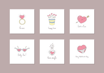 Fototapeta na wymiar Set of 6 romantic cards. Funny doodle illustrations with hand writing wishing text isolated on a white background. Valentine's Day templates. Vector 10 EPS. 