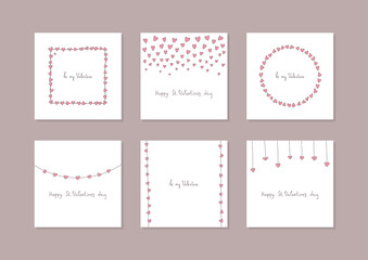 Fototapeta na wymiar Romantic St. Valentine's day backgrounds. Set of frames made of little doodle pink hearts on a white background. Can be used for invitations, web banners or social networking. Vector 10 EPS.