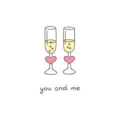 Romantic Card. Doodle illustration of two champagne glasses decorated with a pink hearts and hand writing text 