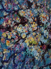 Naklejka premium hand painted original impressionism art oil painting cherry blossom flower vegetation natural beauty , wildflower , pollen , stamen